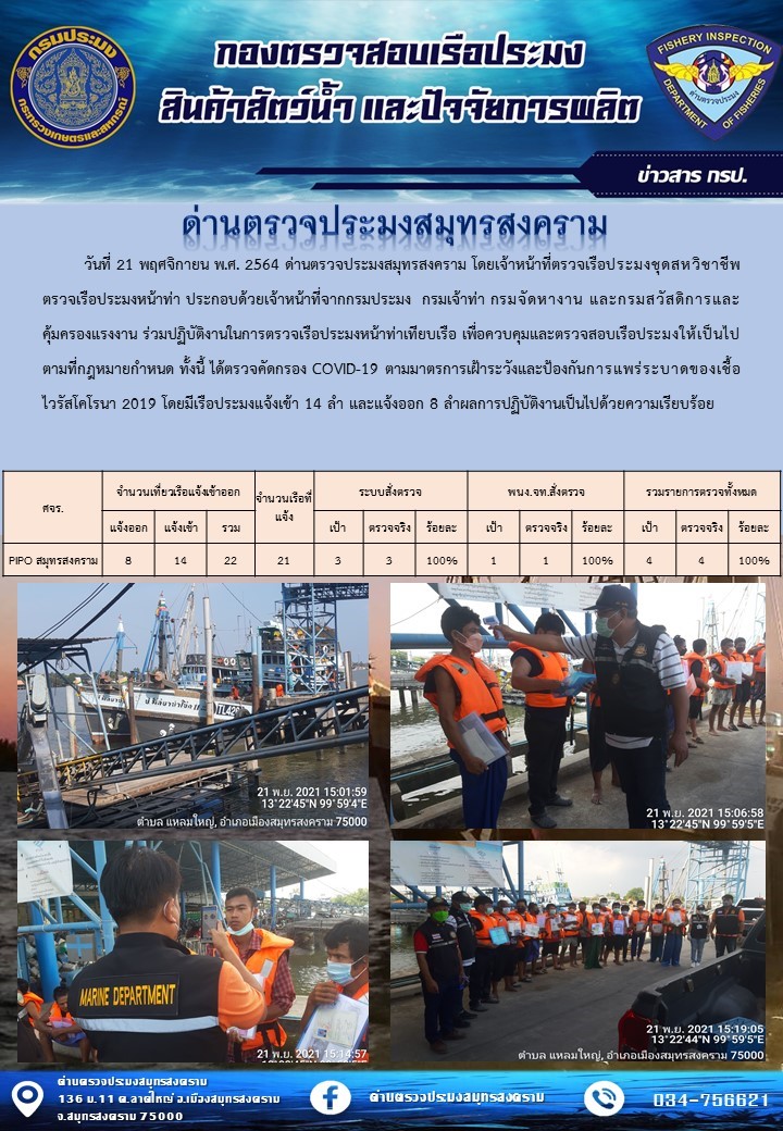 สถิติการแจ้งเข้า - ออกเรือประมงพาณิชย์ ด่านตรวจประมงสมุทรสงคราม ประจำวันที่ 21 พฤศจิกายน 2564..คลิก
