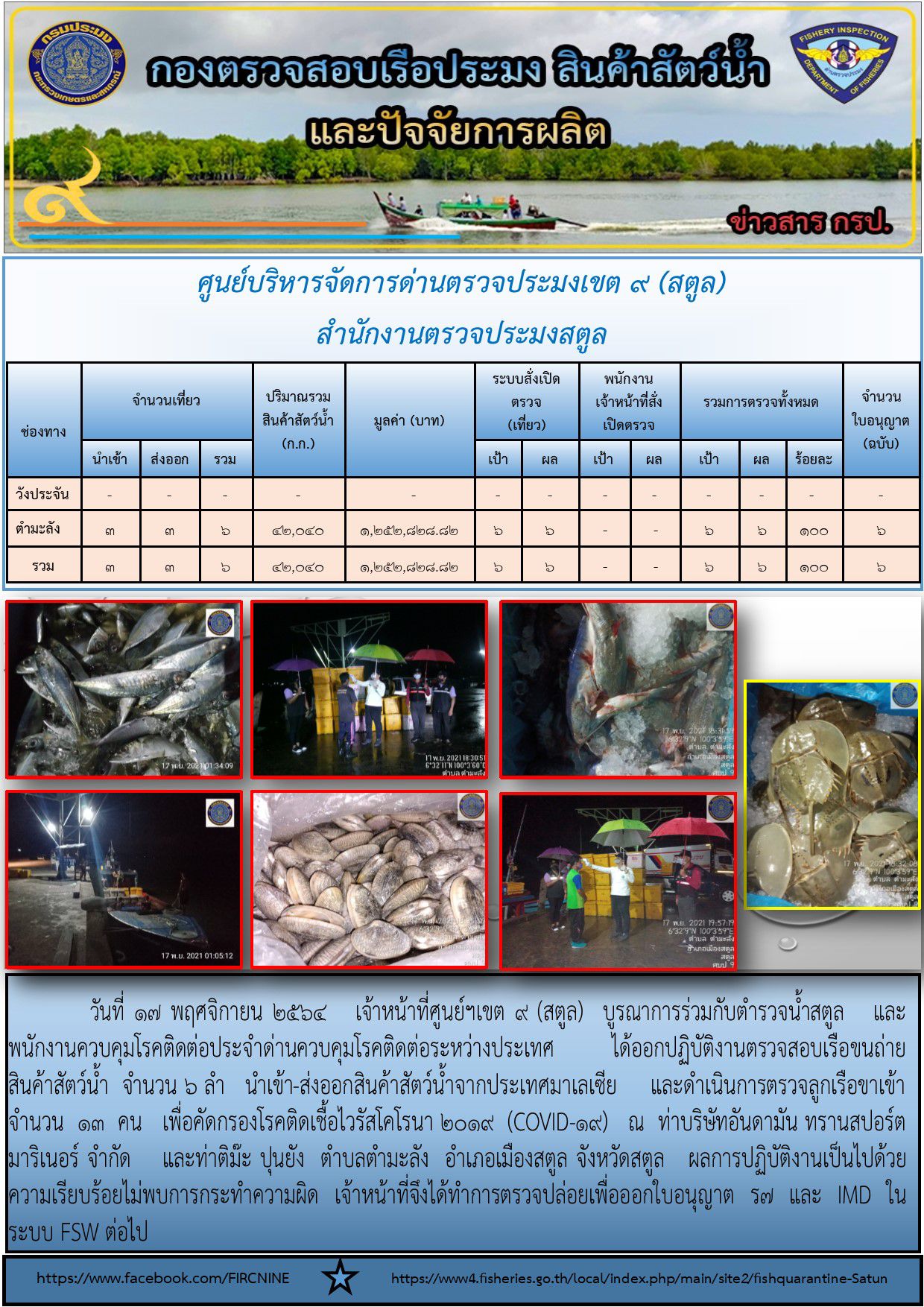 ประชาสัมพันธ์การปฏิบัติงานศูนย์บริหารจัดการด่านตรวจประมงเขต 9 (สตูล) ประจำวันที่ 16-20 พฤศจิกายน 2564..คลิก