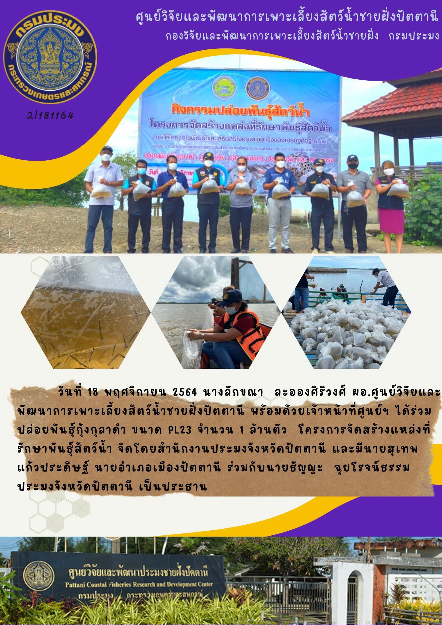 กิจกรรมปล่อยพันธุ์กุ้งกุลาดำ โครงการจัดสร้างแหล่งที่รักษาพันธุ์สัตว์น้ำ บริเวณอ่าวปัตตานี ต.บาราโหม อ.เมือง จ.ปัตตานี..คลิก