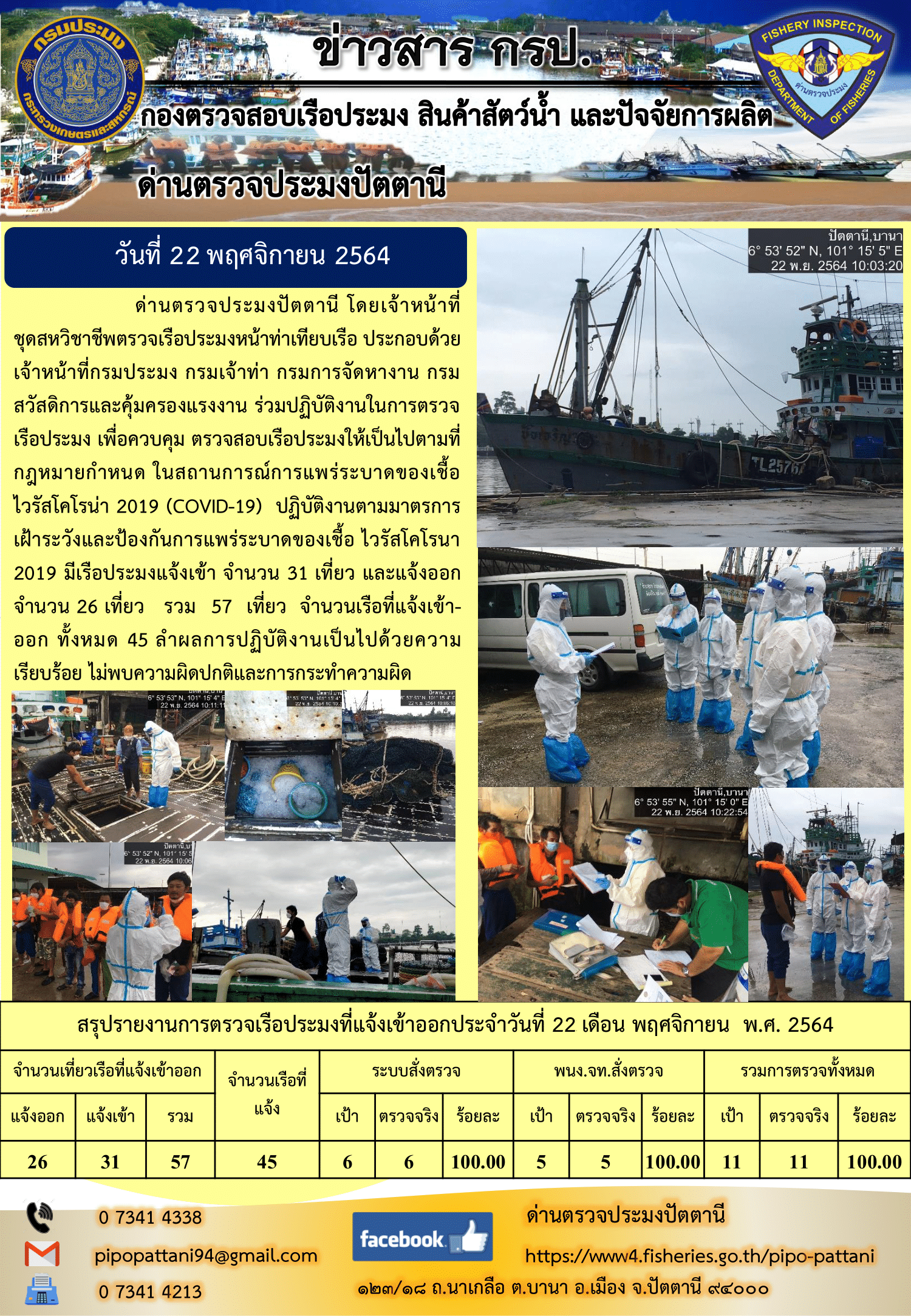 ข่าวสารการปฏิบัติงาน ด่านตรวจประมงปัตตานี 22 พ.ย. 64..คลิก