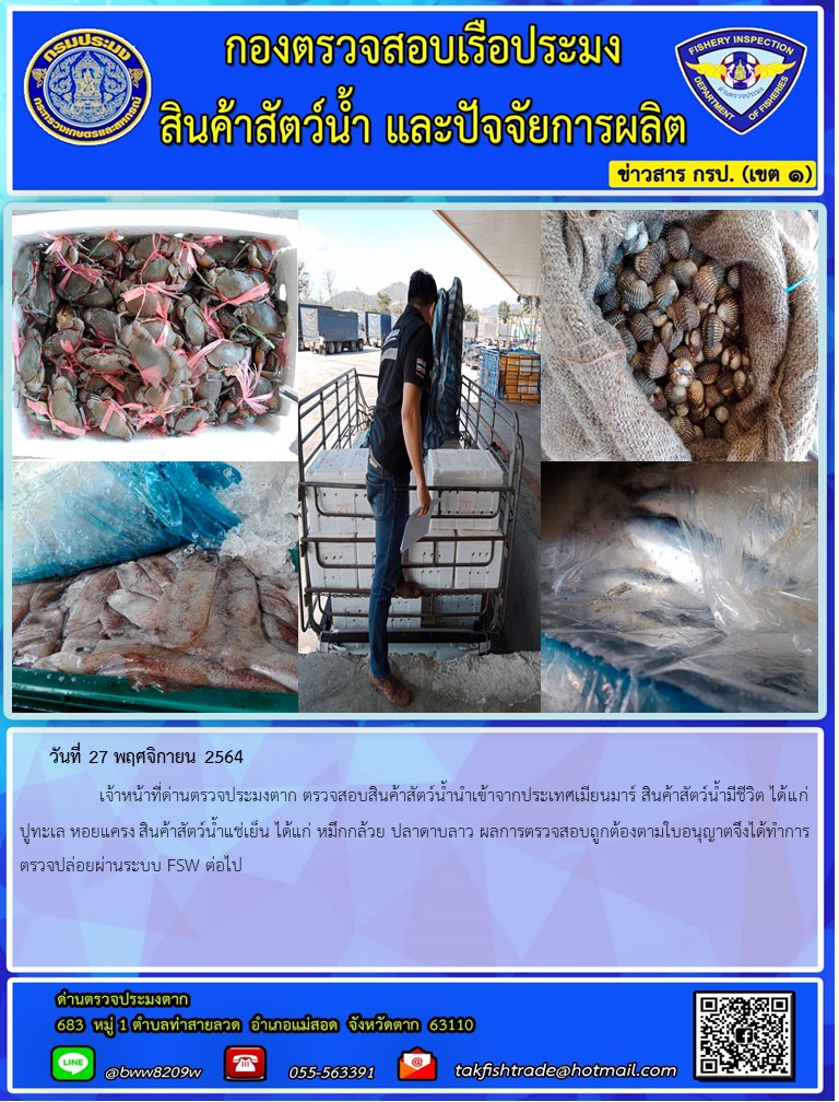 วันที่ 27 พฤศจิกายน 2564   	     เจ้าหน้าที่ด่านตรวจประมงตาก ตรวจสอบสินค้าสัตว์น้ำนำเข้าจากประเทศเมียนมาร์ สินค้าสัตว์น้ำมีชีวิต ได้แก่ ปูทะเล หอยแครง สินค้าสัตว์น้ำแช่เย็น ได้แก่ หมึกกล้วย ปลาดาบลาว ผลการตรวจสอบถูกต้องตามใบอนุญาตจึงได้ทำการตรวจปล่อยผ่านระบบ FSW ต่อไป..คลิก
