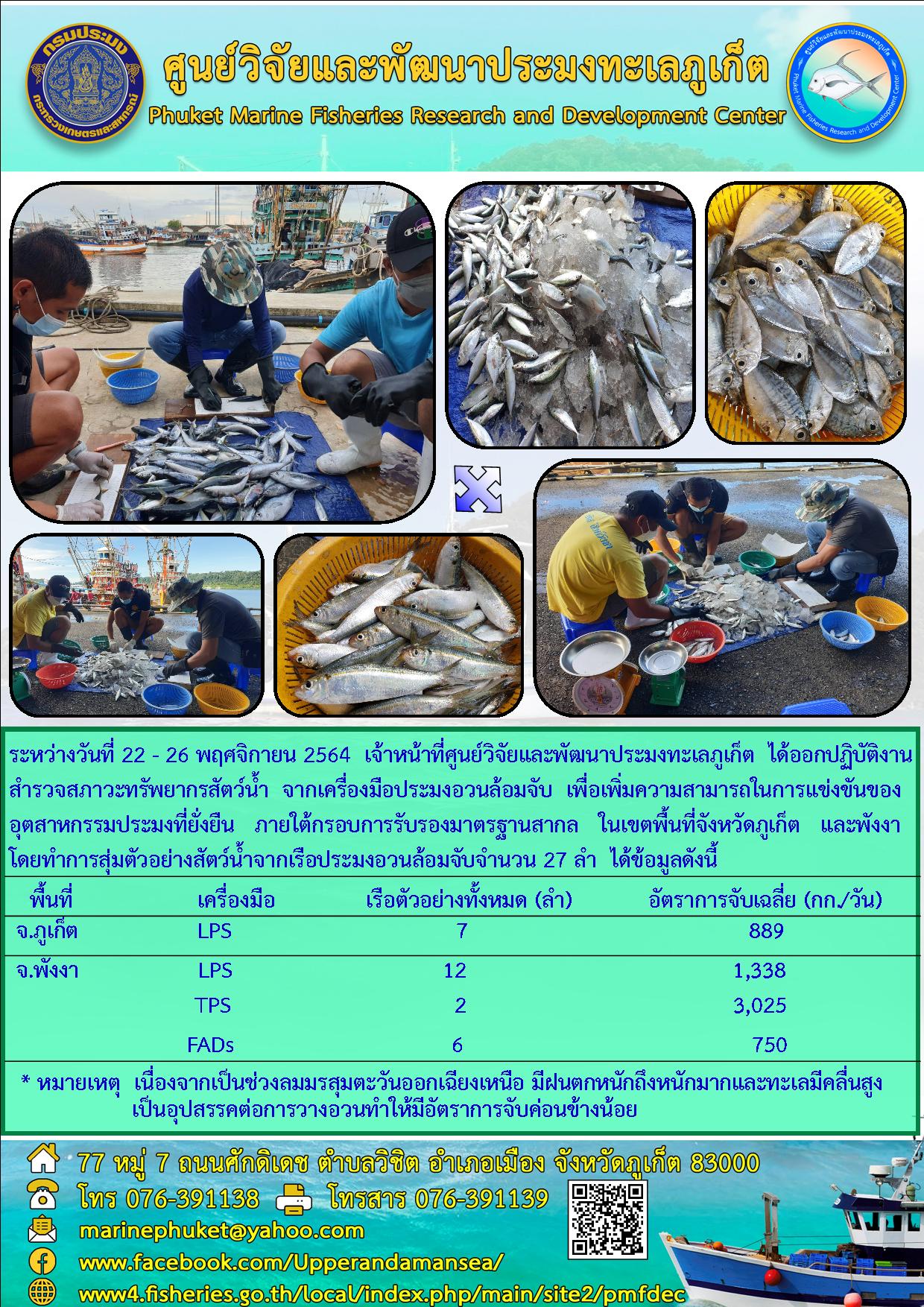 ระหว่างวันที่ 22 - 26 พฤศจิกายน 2564  เจ้าหน้าที่ศูนย์วิจัยและพัฒนาประมงทะเลภูเก็ต  ได้ออกปฏิบัติงานสำรวจสภาวะทรัพยากรสัตว์น้ำ  จากเครื่องมือประมงอวนล้อมจับ..คลิก