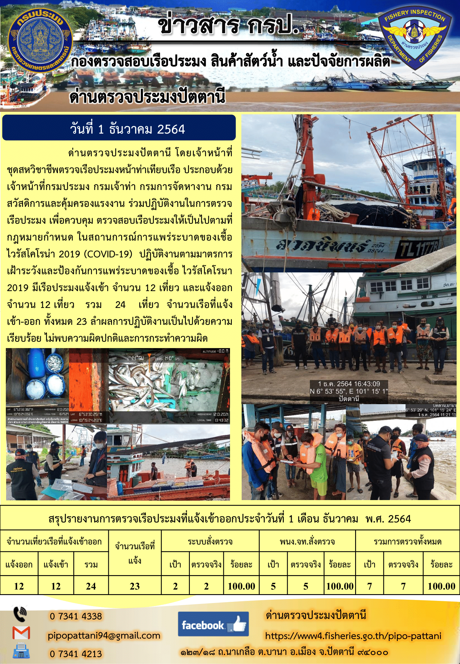 ข่าวสารการปฏิบัติงาน ด่านตรวจประมงปัตตานี 1 ธ.ค. 64..คลิก