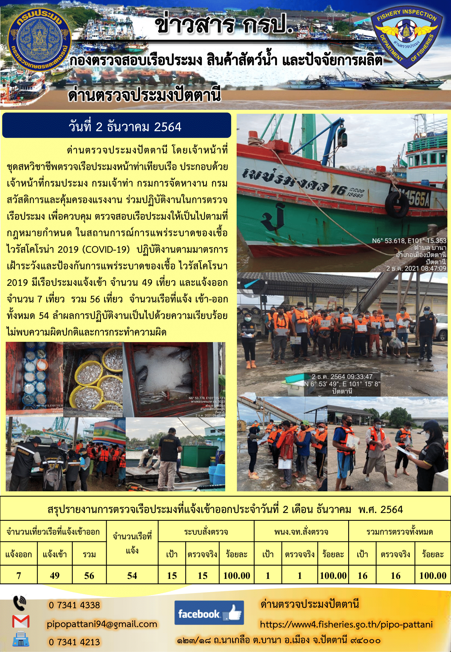 ข่าวสารการปฏิบัติงาน ด่านตรวจประมงปัตตานี 2 ธ.ค. 64..คลิก