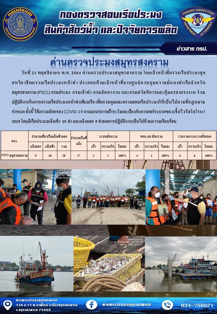 สถิติการแจ้งเข้า - ออกเรือประมงพาณิชย์ ด่านตรวจประมงสมุทรสงคราม ประจำวันที่ 23 พฤศจิกายน 2564..คลิก