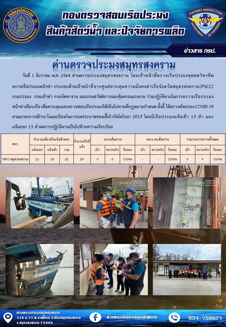 สถิติการแจ้งเข้า - ออกเรือประมงพาณิชย์ ด่านตรวจประมงสมุทรสงคราม ประจำวันที่ 1 ธันวาคม 2564..คลิก