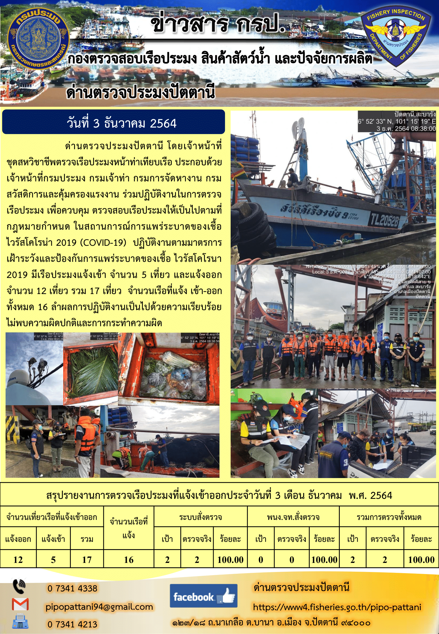 ข่าวสารการปฏิบัติงาน ด่านตรวจประมงปัตตานี 3 ธ.ค. 64..คลิก