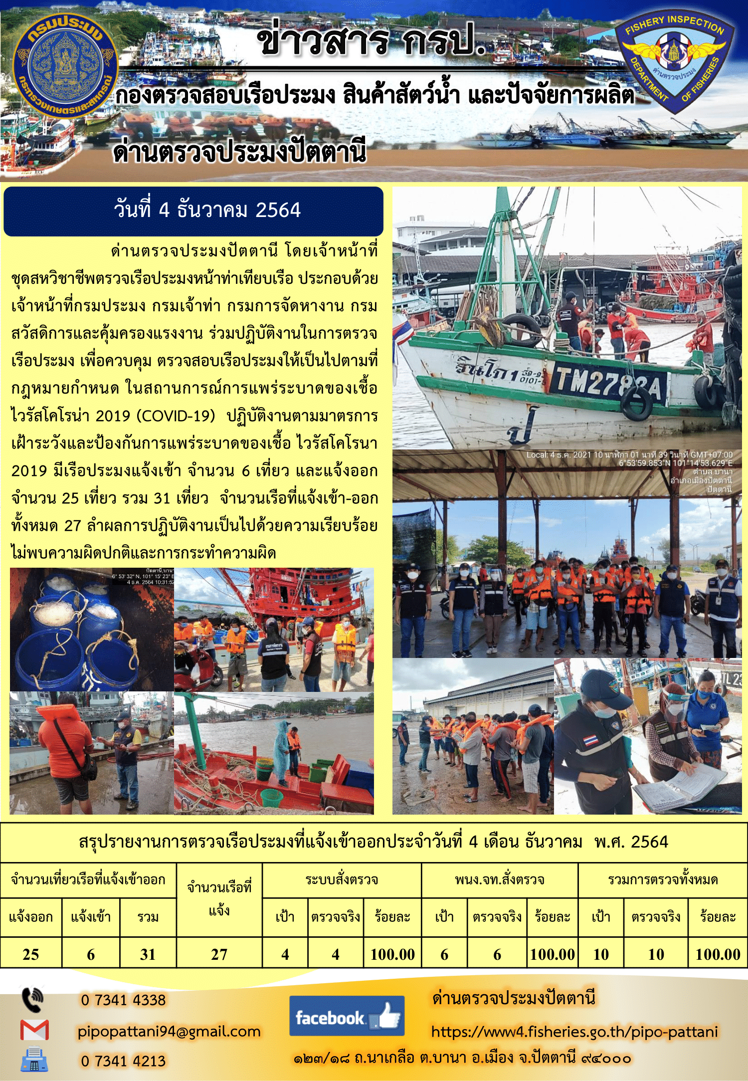 ข่าวสารการปฏิบัติงาน ด่านตรวจประมงปัตตานี 4 ธ.ค. 64..คลิก