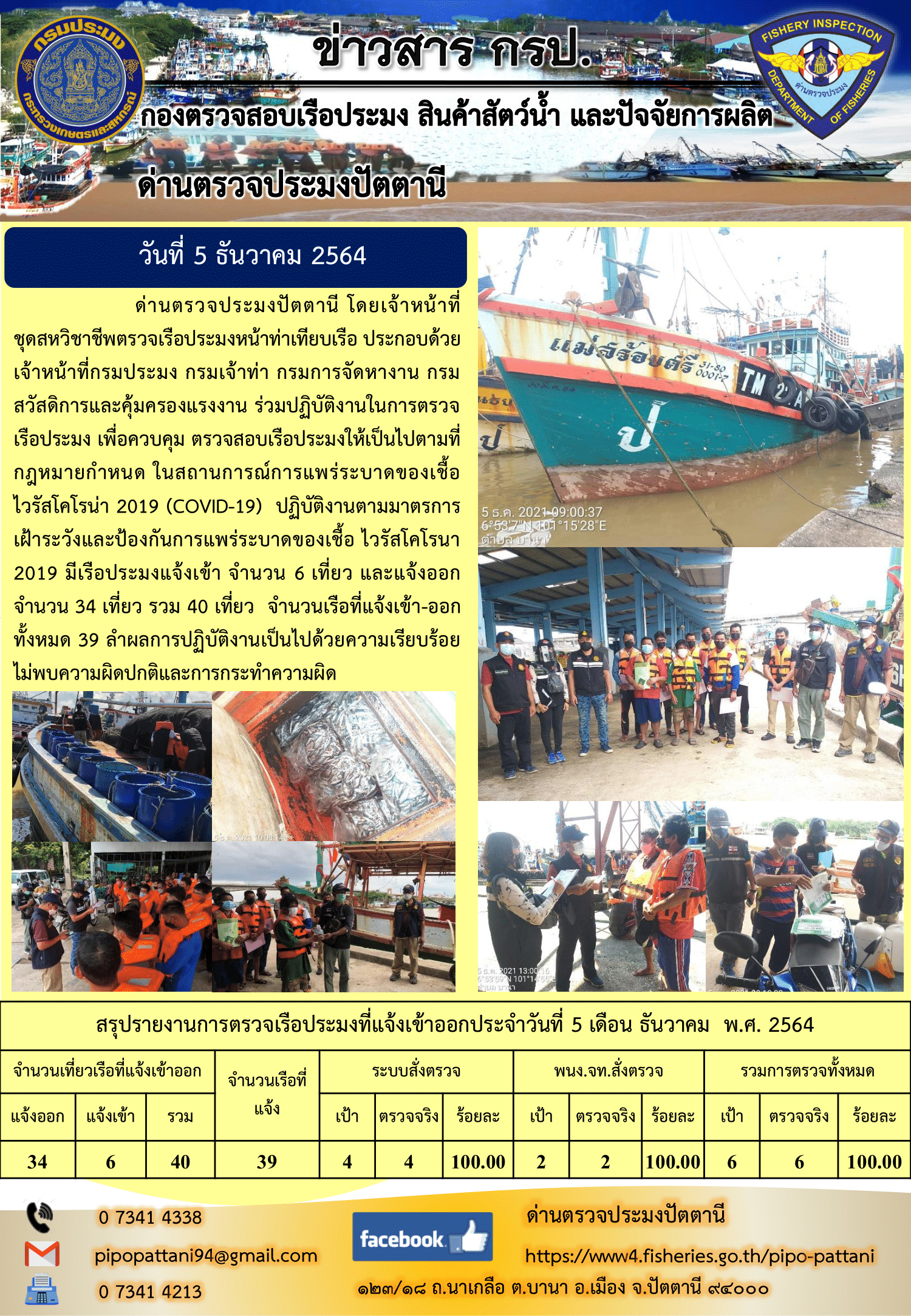 ข่าวสารการปฏิบัติงาน ด่านตรวจประมงปัตตานี 5 ธ.ค. 64 ครับ..คลิก