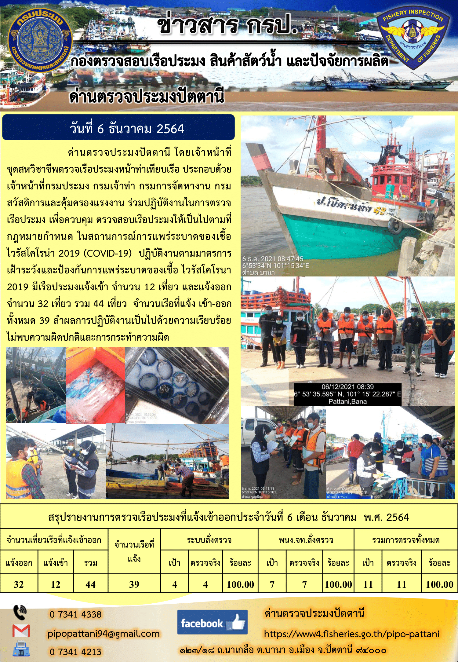 ข่าวสารการปฏิบัติงาน ด่านตรวจประมงปัตตานี 6 ธ.ค. 64..คลิก