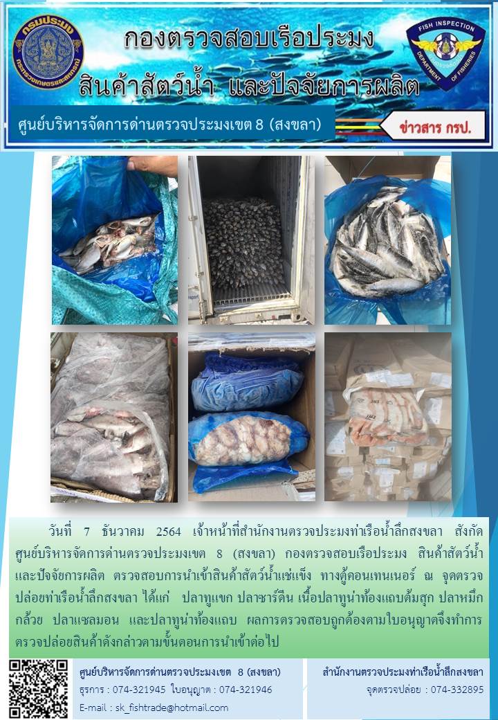 วันที่ 7 ธันวาคม 2564 เจ้าหน้าที่สำนักงานตรวจประมงท่าเรือน้ำลึกสงขลา สังกัด           ศูนย์บริหารจัดการด่านตรวจประมงเขต 8 (สงขลา) กองตรวจสอบเรือประมง สินค้าสัตว์น้ำ     และปัจจัยการผลิต ตรวจสอบการนำเข้าสินค้าสัตว์น้ำแช่แข็ง ทางตู้คอนเทนเนอร์ ณ จุดตรวจปล่อยท่าเรือน้ำลึกสงขลา..คลิก