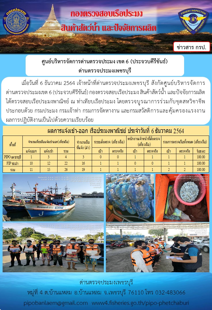 ข่าวประชาสัมพันธ์ ด่านตรวจประมงเพชรบุรี สถิติเรือที่แจ้งเข้า - ออก ประจำวันที่ 6 ธ.ค. 2564..คลิก