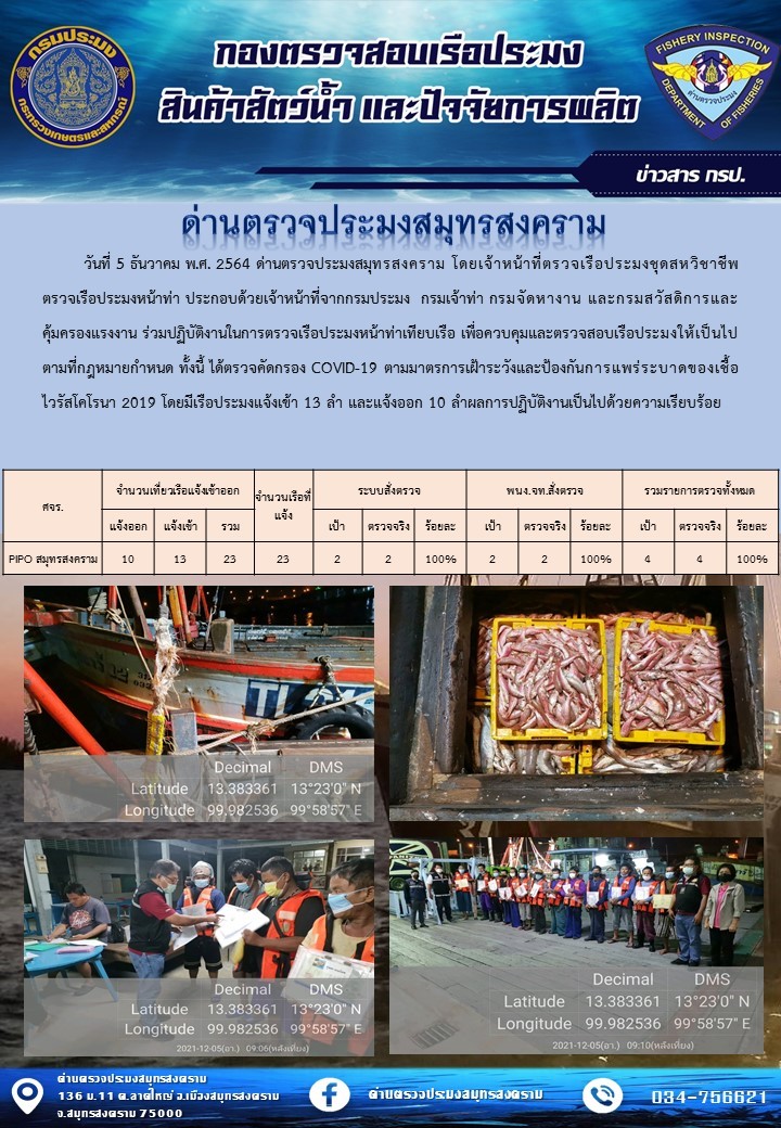 สถิติการแจ้งเข้า - ออกเรือประมงพาณิชย์ ด่านตรวจประมงสมุทรสงคราม ประจำวันที่ 5 ธันวาคม 2564..คลิก