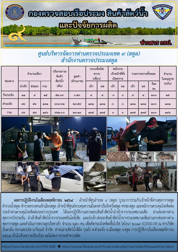 ผลการปฏิบัติงาน การตรวจสอบเรือประมงไทยที่แจ้งเข้าออก และการตรวจสอบการนำเข้า-ส่งออกสินค้าสัตว์น้ำ ในเขตพื้นที่รับผิดชอบของศูนย์บริหารจัดการด่านตรวจประมงเขต 9 (สตูล) ประจำเดือนพฤศจิกายน 2564..คลิก