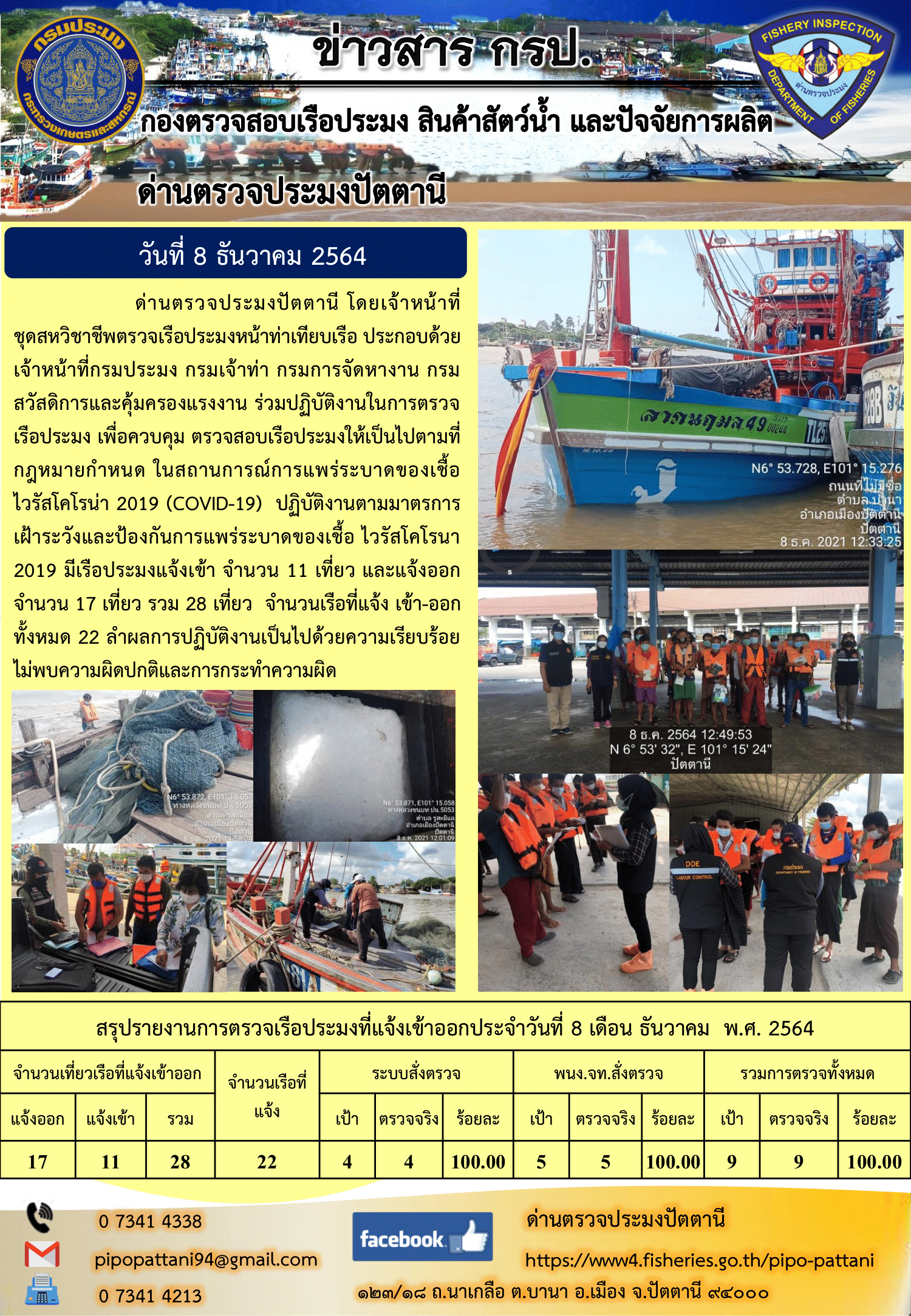ข่าวสารการปฏิบัติงาน ด่านตรวจประมงปัตตานี 8 ธ.ค. 64..คลิก