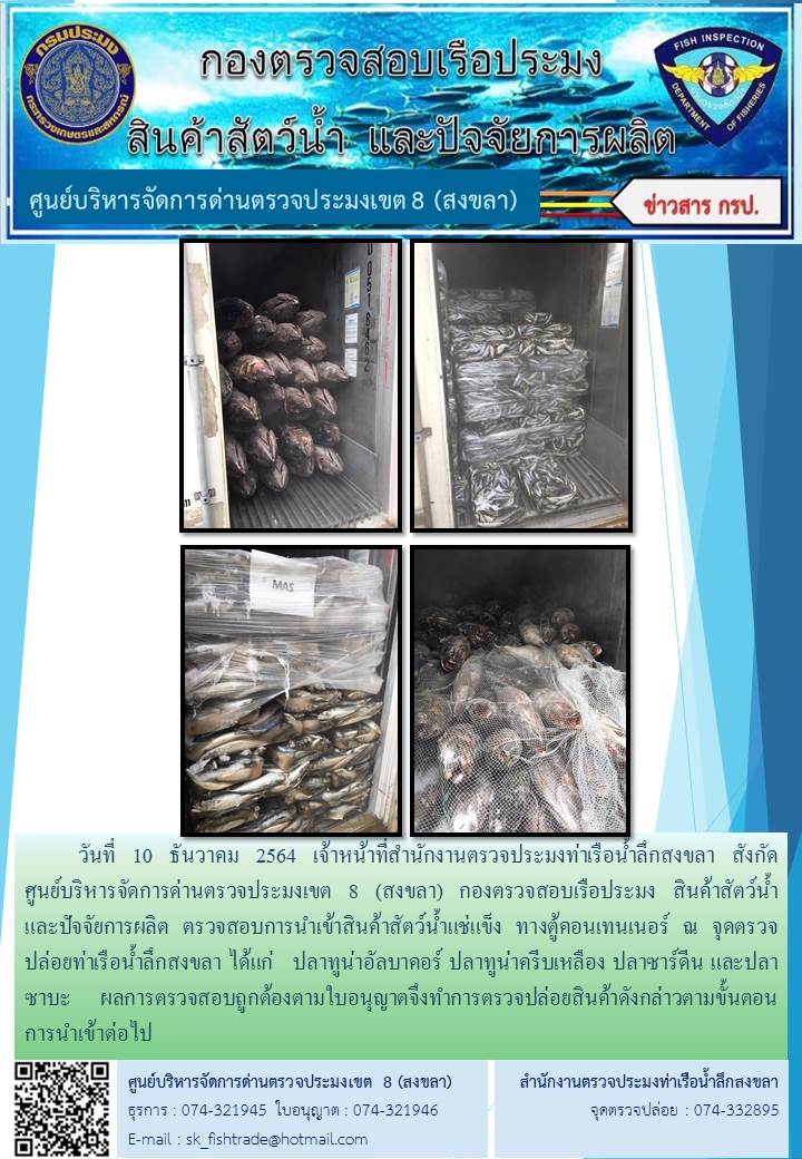 วันที่ 10 ธันวาคม 2564 เจ้าหน้าที่สำนักงานตรวจประมงท่าเรือน้ำลึกสงขลา สังกัด           ศูนย์บริหารจัดการด่านตรวจประมงเขต 8 (สงขลา) กองตรวจสอบเรือประมง สินค้าสัตว์น้ำ     และปัจจัยการผลิต ตรวจสอบการนำเข้าสินค้าสัตว์น้ำแช่แข็ง ทางตู้คอนเทนเนอร์ ณ จุดตรวจปล่อยท่าเรือน้ำลึกสงขลา..คลิก