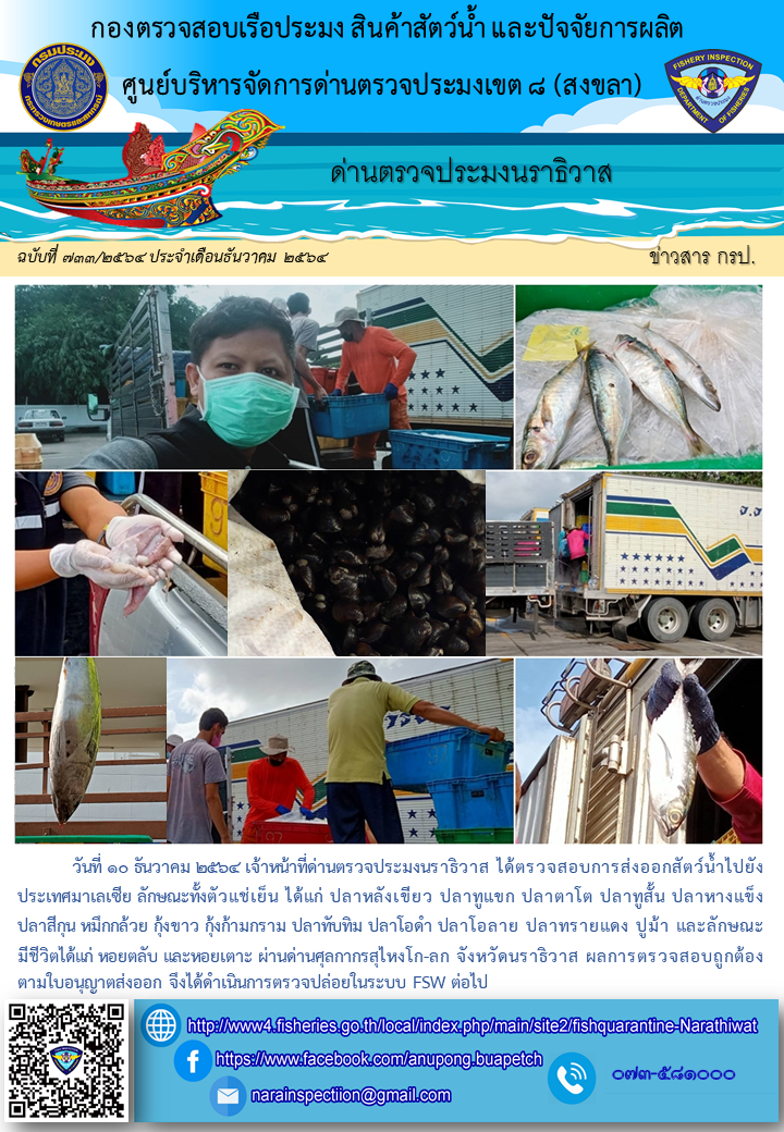 ประชาสัมพันธ์ด่านตรวจประมงนราธิวาส ประจำวันที่ 10 ธันวาคม 2564