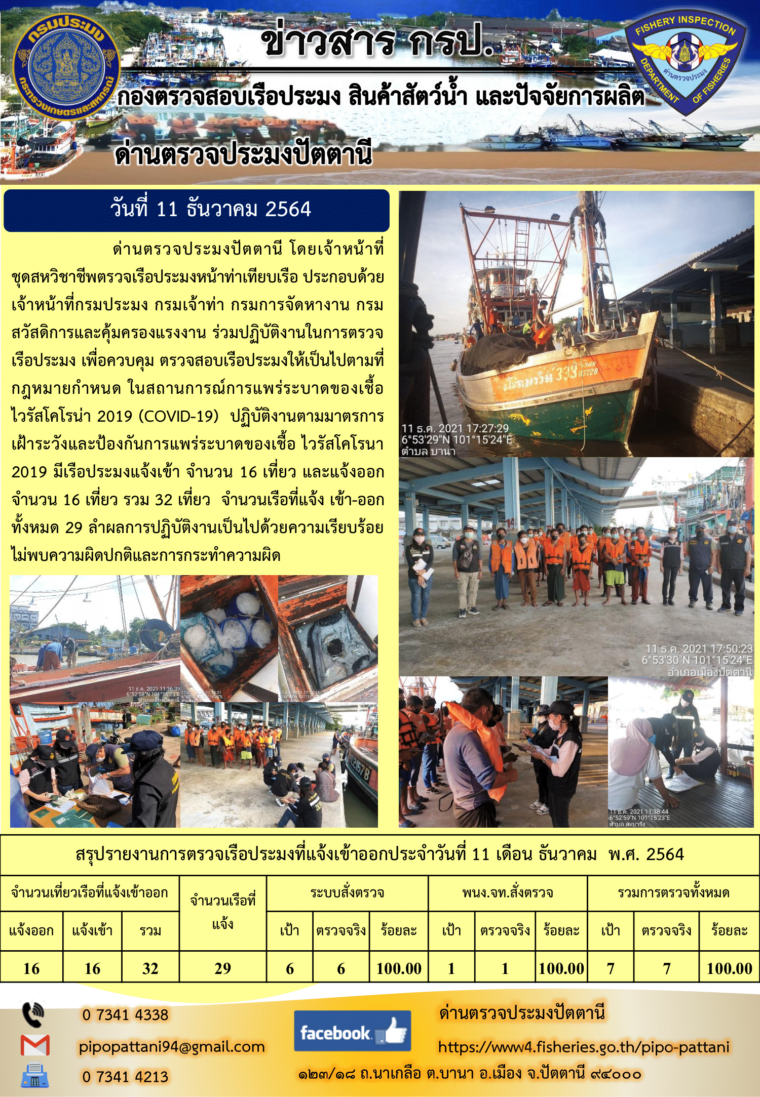 ข่าวสารการปฏิบัติงาน ด่านตรวจประมงปัตตานี 11 ธ.ค. 64..คลิก