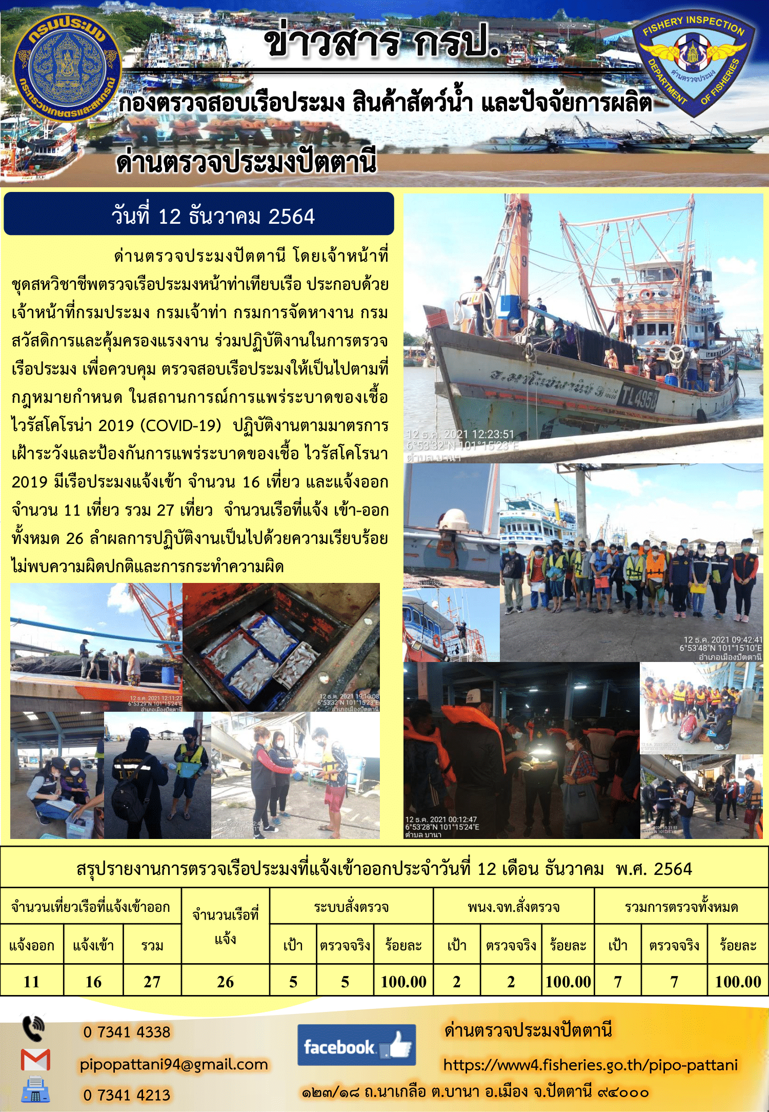 ข่าวสารการปฏิบัติงาน ด่านตรวจประมงปัตตานี 12 ธ.ค. 64..คลิก