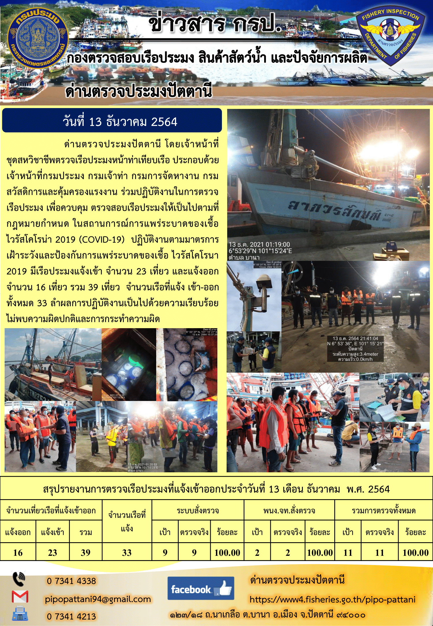 ข่าวสารการปฏิบัติงาน ด่านตรวจประมงปัตตานี 13 ธ.ค. 64..คลิก