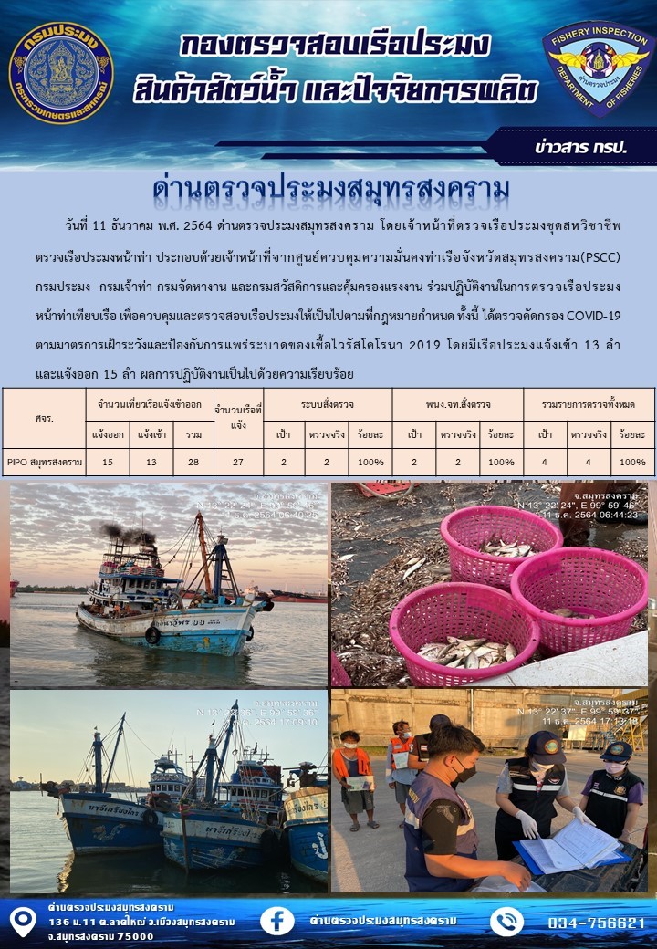 สถิติการแจ้งเข้า - ออกเรือประมงพาณิชย์ ด่านตรวจประมงสมุทรสงคราม ประจำวันที่ 11 ธันวาคม 2564..คลิก