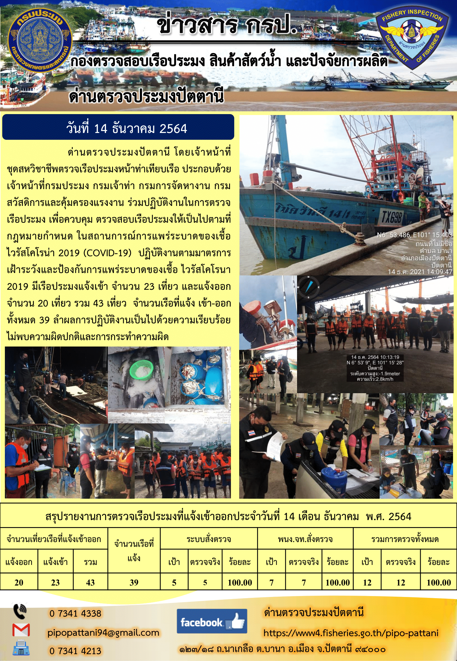 ข่าวสารการปฏิบัติงาน ด่านตรวจประมงปัตตานี 14 ธ.ค. 64..คลิก