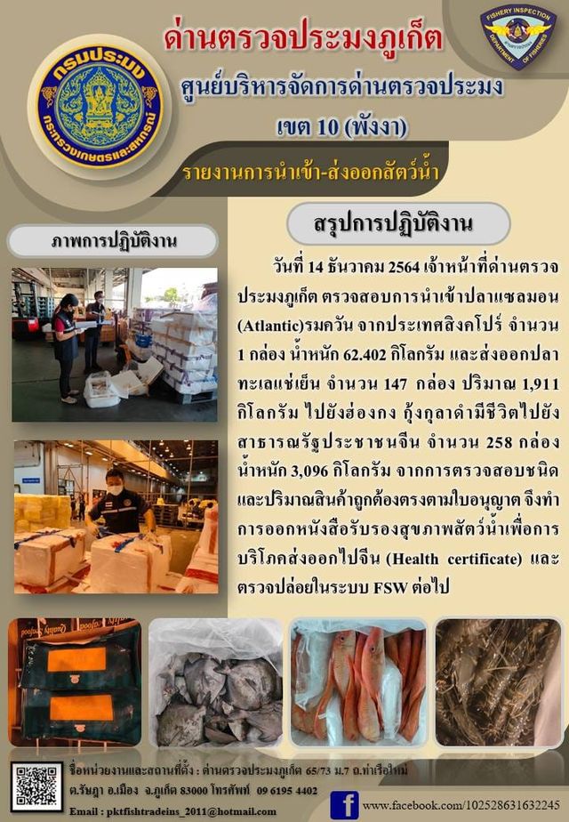 วันที่ 14 ธันวาคม 2564 เจ้าหน้าที่ด่านตรวจประมงภูเก็ต ตรวจสอบการนำเข้าปลาแซลมอน(Atlantic)รมควัน จากประเทศสิงคโปร ์จำนวน 1 กล่อง น้ำหนัก 62.402 กิโลกรัมพร้อมกับการส่งออกปลาทะเลแช่เย็นจำนวน 147 กล่อง ปริมาณ 1,911 กิโลกรัม ไปยังฮ่องกง และกุ้งกุลาดำมีชีวิตไปยังสาธารณรัฐประชาชนจีนจำนวน 258 กล่องน้ำหนัก 3,096 กิโลกรัม จากการตรวจสอบชนิดและปริมาณสินค้าถูกต้องตรงตามใบอนุญาตจึงทำการออกหนังสือรับรองสุขภาพสัตว์น้ำเพื่อการบริโภคส่งออกไปจีน (Health certificate) และตรวจปล่อยในระบบ FSW ต่อไป..คลิก
