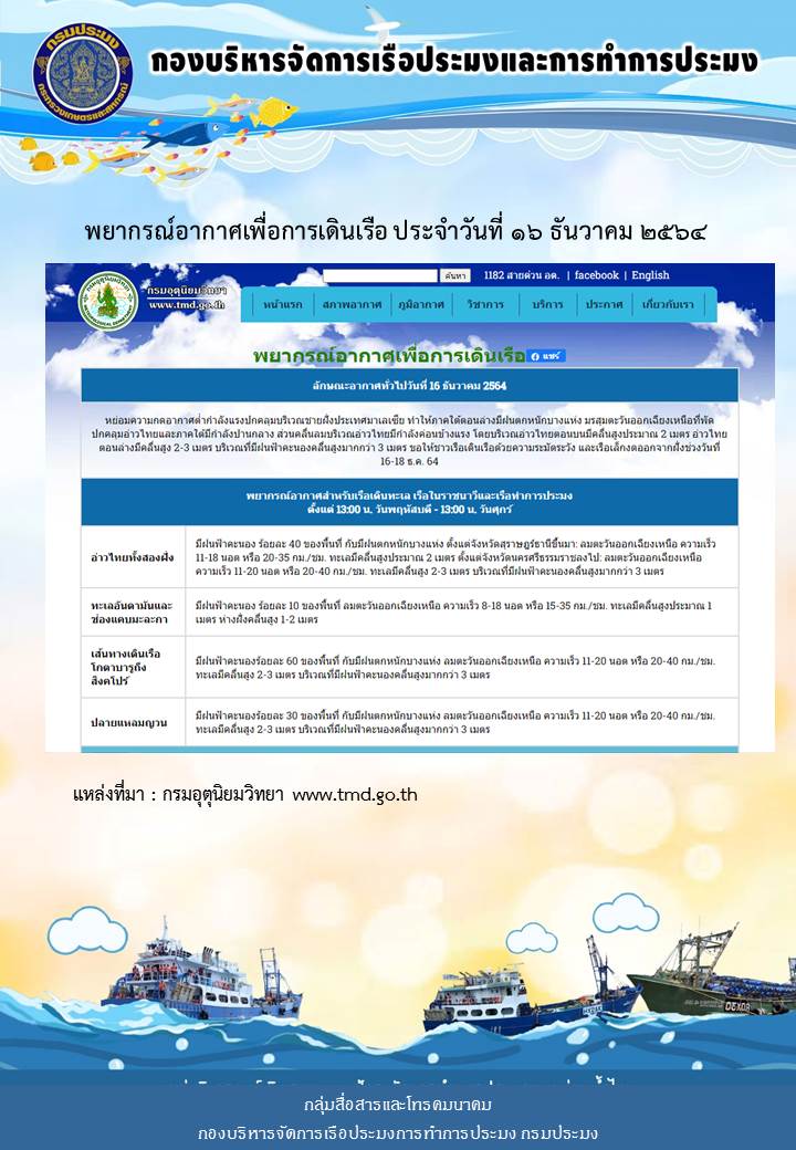 พยากรณ์อากาศเพื่อการเดินเรือ ประจำวันที่ 16 ธันวาคม 2564..คลิก