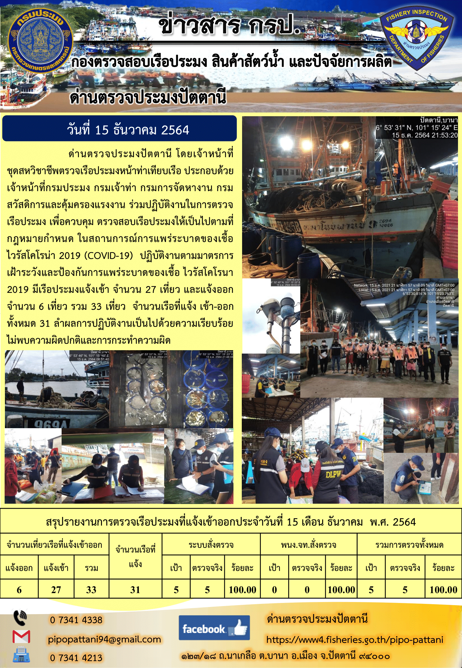 ข่าวสารการปฏิบัติงาน ด่านตรวจประมงปัตตานี 15 ธ.ค. 64..คลิก
