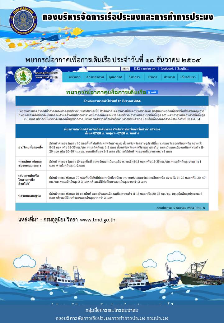 พยากรณ์อากาศเพื่อการเดินเรือ ประจำวันที่ 17 ธันวาคม 2564..คลิก