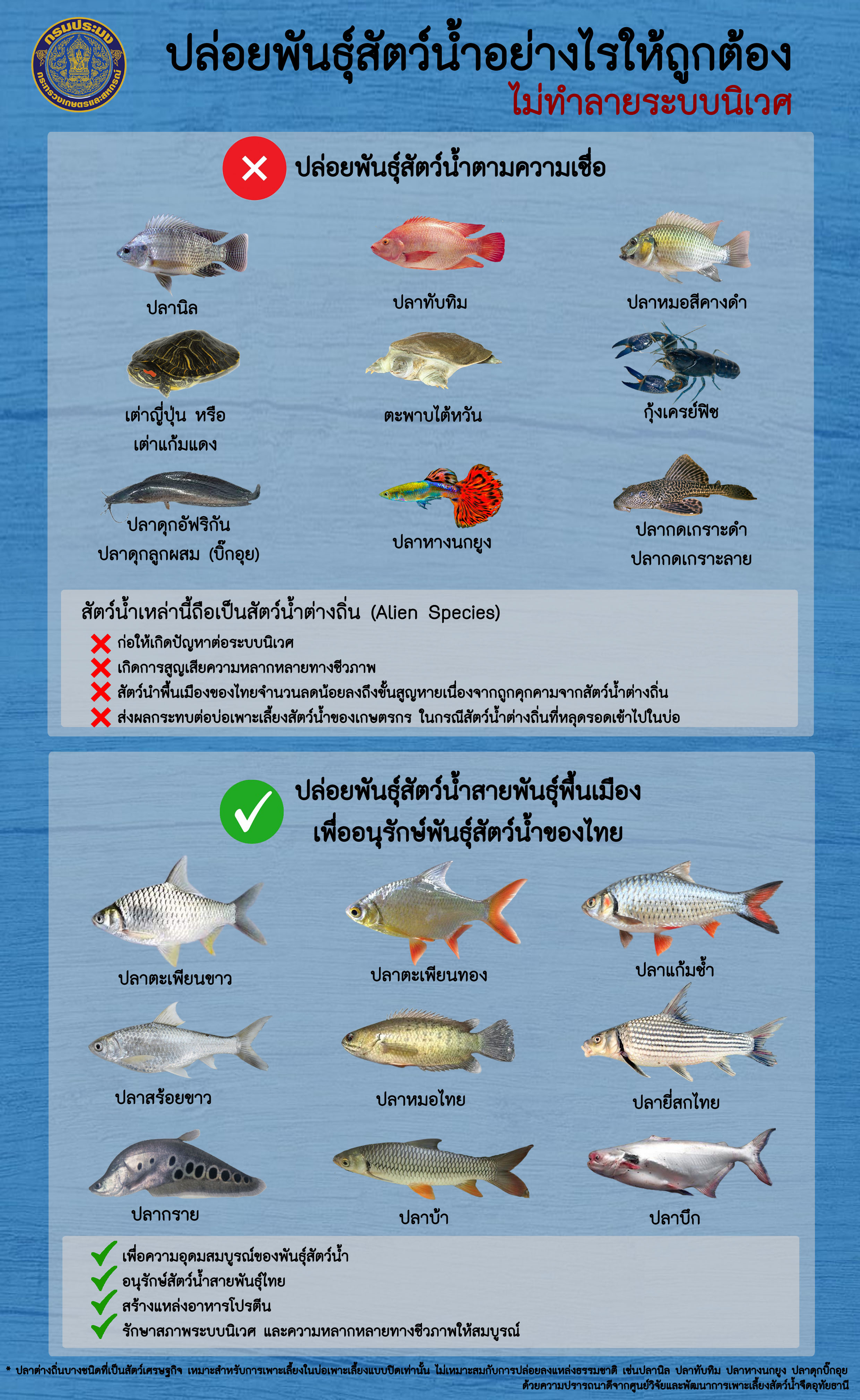 ศูนย์วิจัยและพัฒนาการเพาะเลี้ยงสัตว์น้ำจืดอุทัยธานี ขอประชาสัมพันธ์ปล่อยพันธุ์สัตว์น้ำอย่างไรให้ถูกต้องไม่ทำลายระบบนิเวศ