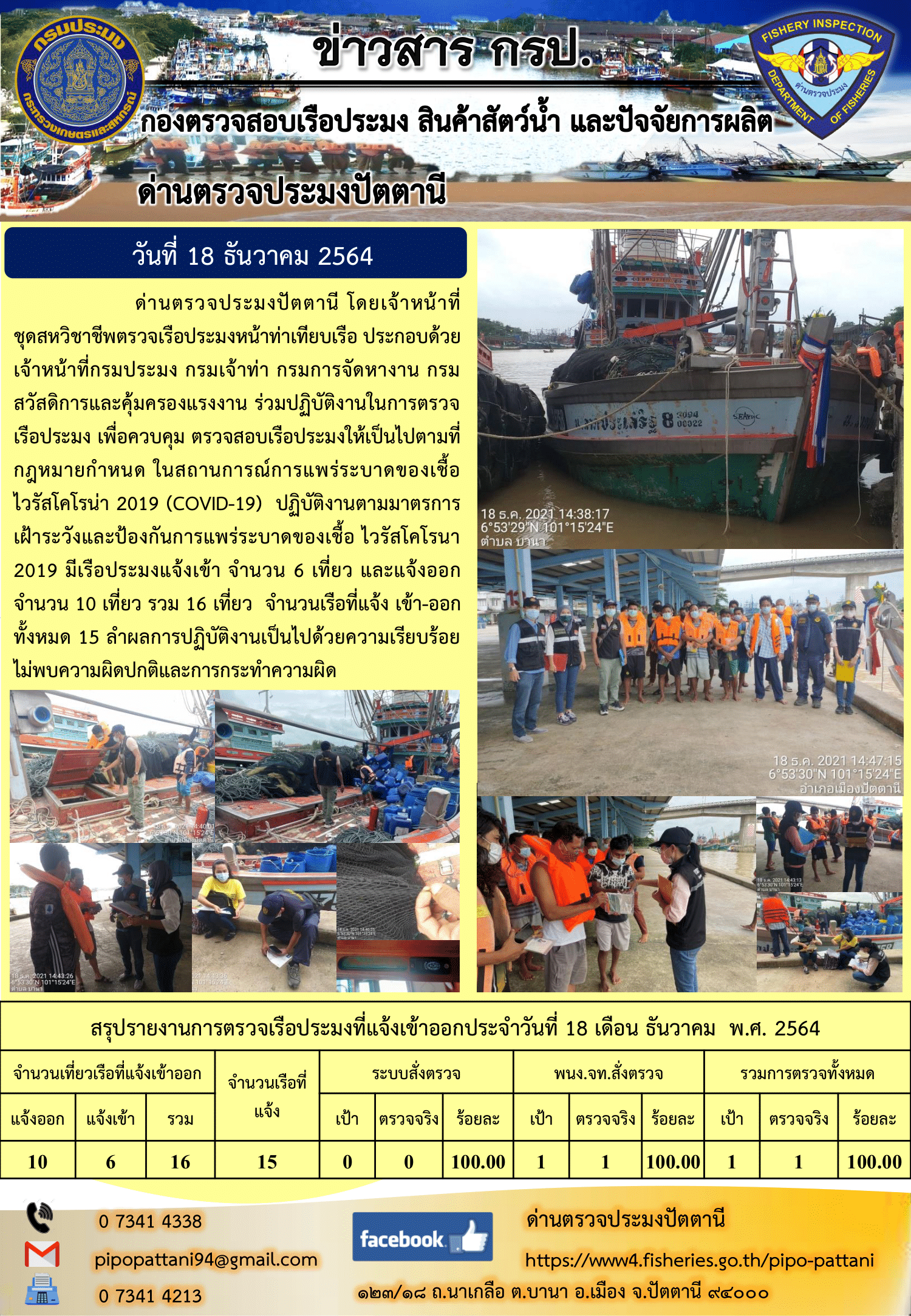 ข่าวสารการปฏิบัติงาน ด่านตรวจประมงปัตตานี 18 ธ.ค. 64..คลิก