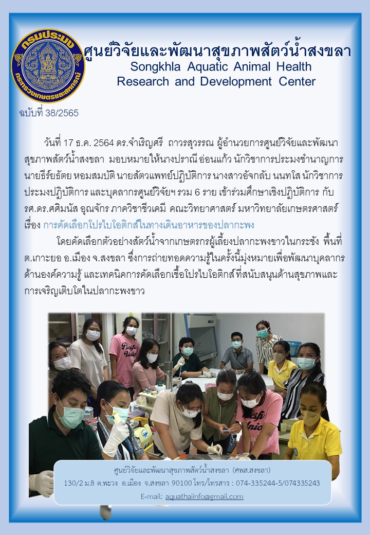 ฉบับที่ 38/2565 ศูนย์วิจัยและพัฒนาสุขภาพสัตว์น้ำสงขลา เข้าร่วมศึกษาเชิงปฏิบัติการ กับ รศ.ดร.ศศิมนัส อุณจักร ภาควิชาชีวเคมี คณะวิทยาศาสตร์ มหาวิทยาลัยเกษตรศาสตร์ เรื่อง การคัดเลือกโปรไบโอติกส์ในทางเดินอาหารของปลากะพง..คลิก