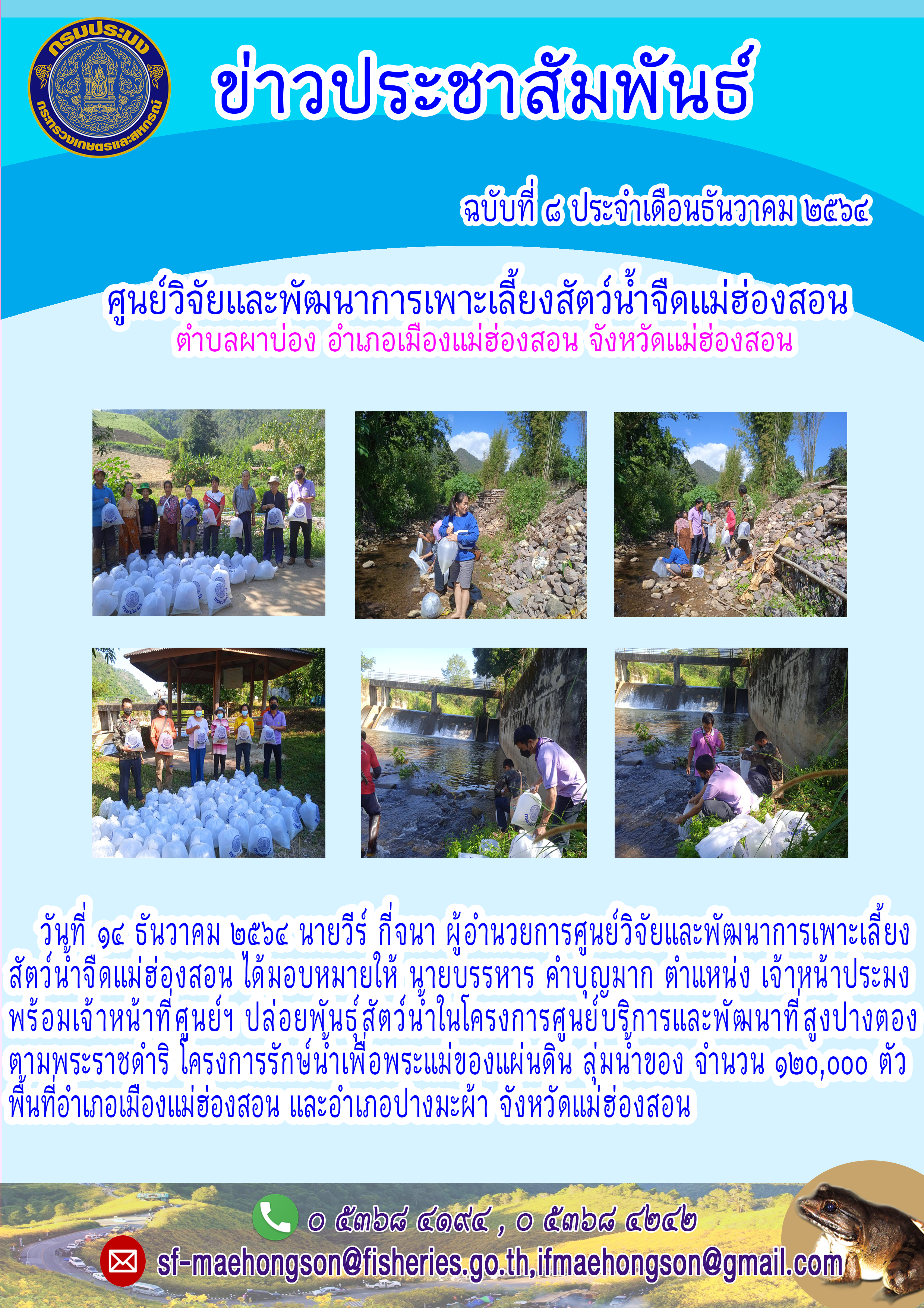 ปล่อยพันธุ์สัตว์น้ำในโครงการศูนย์บริการและพัฒนาที่สูงปางตองตามพระราชดำริ โครงการรักษ์น้ำเพื่อพระแม่ของแผ่นดิน ลุ่มน้ำของ