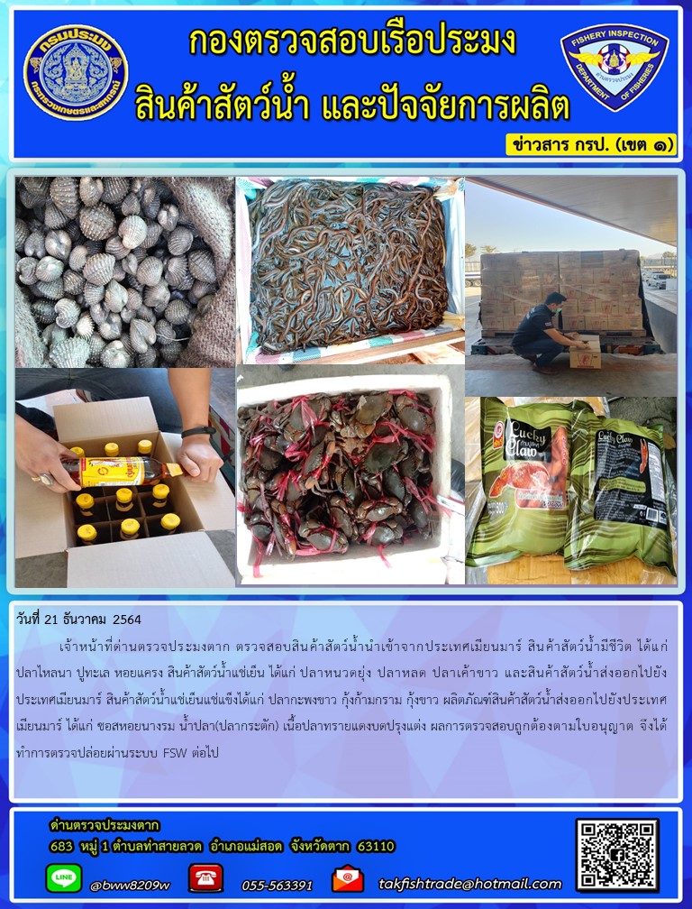 วันที่ 21 ธันวาคม 2564  	เจ้าหน้าที่ด่านตรวจประมงตาก ตรวจสอบสินค้าสัตว์น้ำนำเข้าจากประเทศเมียนมาร์ สินค้าสัตว์น้ำมีชีวิต ได้แก่ปลาไหลนา ปูทะเล หอยแครง สินค้าสัตว์น้ำแช่เย็น ได้แก่ ปลาหนวดยุ่ง ปลาหลด ปลาเค้าขาว และสินค้าสัตว์น้ำส่งออกไปยังประเทศเมียนมาร์ สินค้าสัตว์น้ำแช่เย็นแช่แข็งได้แก่ ปลากะพงขาว กุ้งก้ามกราม กุ้งขาว ผลิตภัณฑ์สินค้าสัตว์น้ำส่งออกไปยังประเทศเมียนมาร์ ได้แก่ ซอสหอยนางรม น้ำปลา(ปลากระตัก) เนื้อปลาทรายแดงบดปรุงแต่ง ผลการตรวจสอบถูกต้องตามใบอนุญาต จึงได้ทำการตรวจปล่อยผ่านระบบ FSW ต่อไป..คลิก