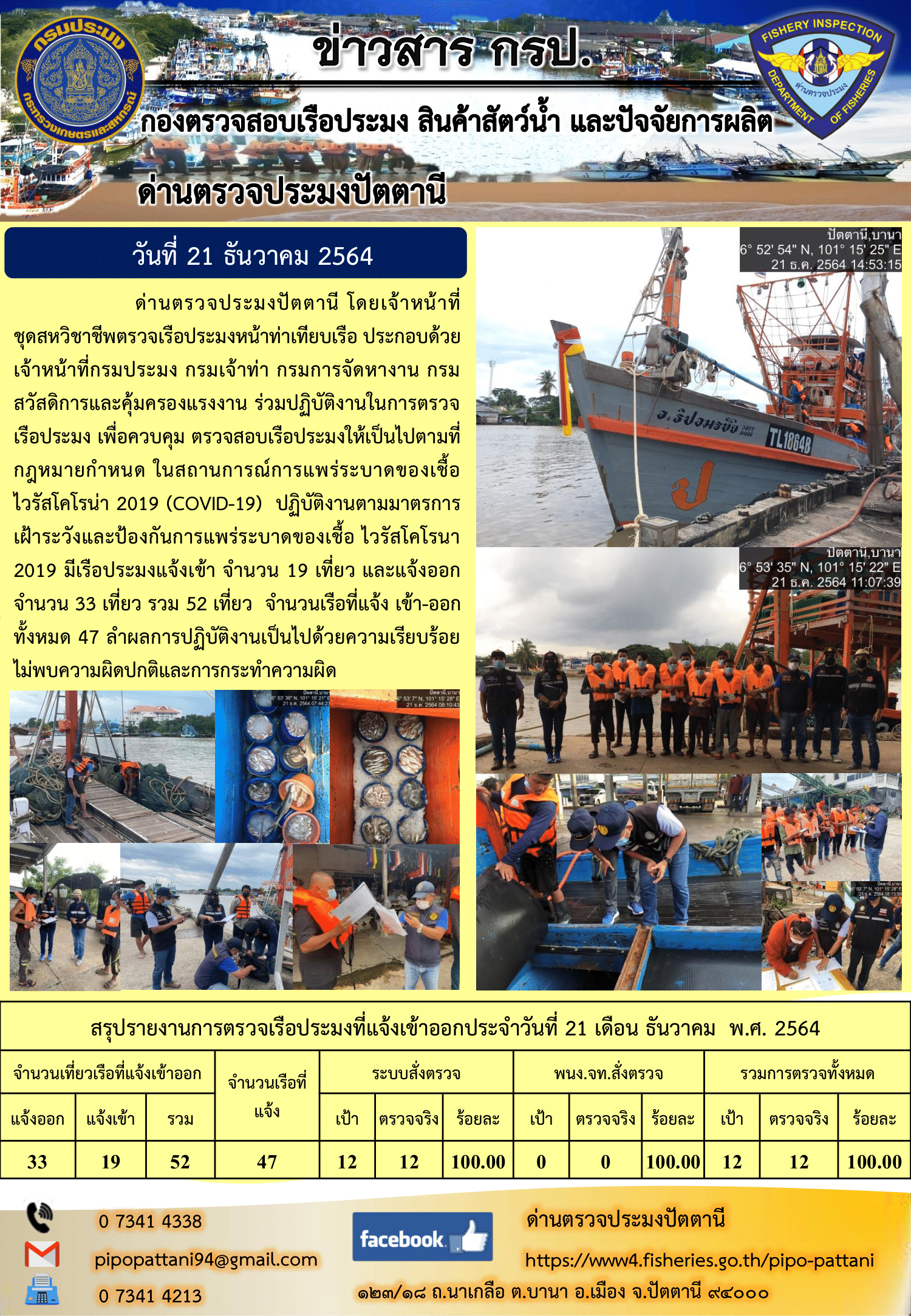 ข่าวสารการปฏิบัติงาน ด่านตรวจประมงปัตตานี 21 ธ.ค. 64..คลิก