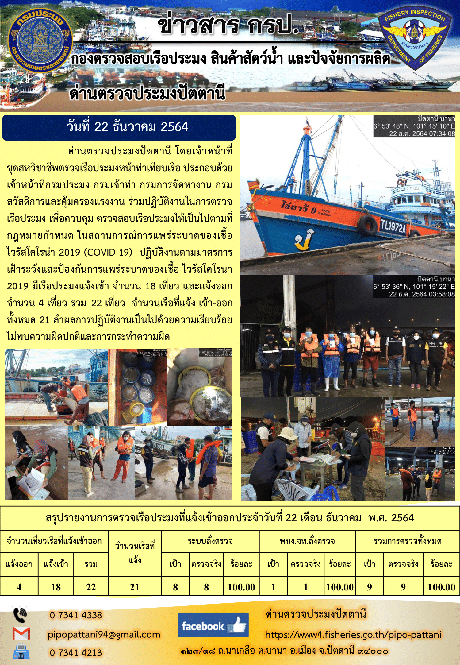 ข่าวสารการปฏิบัติงาน ด่านตรวจประมงปัตตานี 22 ธ.ค. 64..คลิก