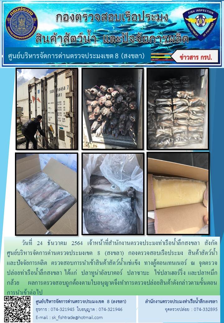 วันที่ 24 ธันวาคม 2564 เจ้าหน้าที่สำนักงานตรวจประมงท่าเรือน้ำลึกสงขลา สังกัด           ศูนย์บริหารจัดการด่านตรวจประมงเขต 8 (สงขลา) กองตรวจสอบเรือประมง สินค้าสัตว์น้ำ     และปัจจัยการผลิต ตรวจสอบการนำเข้าสินค้าสัตว์น้ำแช่แข็ง ทางตู้คอนเทนเนอร์ ณ จุดตรวจปล่อยท่าเรือน้ำลึกสงขลา..คลิก