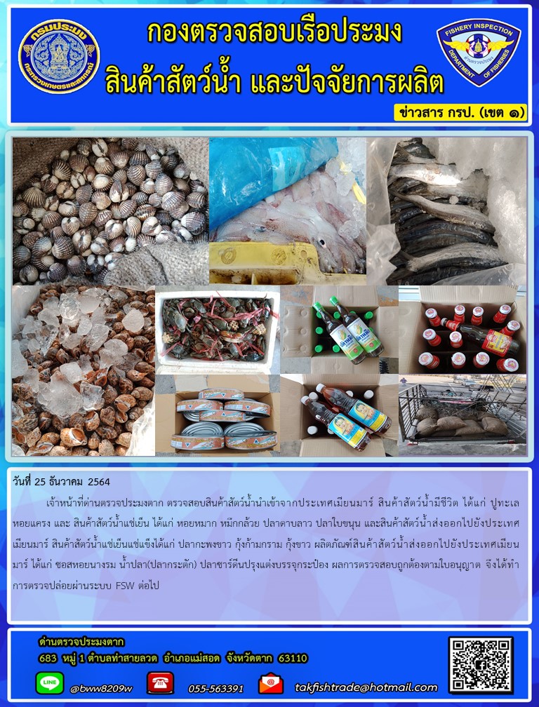 วันที่ 25 ธันวาคม 2564  	เจ้าหน้าที่ด่านตรวจประมงตาก ตรวจสอบสินค้าสัตว์น้ำนำเข้าจากประเทศเมียนมาร์ สินค้าสัตว์น้ำมีชีวิต ได้แก่ ปูทะเล หอยแครง และ สินค้าสัตว์น้ำแช่เย็น ได้แก่ หอยหมาก หมึกกล้วย ปลาดาบลาว ปลาใบขนุน และสินค้าสัตว์น้ำส่งออกไปยังประเทศเมียนมาร์ สินค้าสัตว์น้ำแช่เย็นแช่แข็งได้แก่ ปลากะพงขาว กุ้งก้ามกราม กุ้งขาว ผลิตภัณฑ์สินค้าสัตว์น้ำส่งออกไปยังประเทศเมียนมาร์ ได้แก่ ซอสหอยนางรม น้ำปลา(ปลากระตัก) ปลาซาร์ดีนปรุงแต่งบรรจุกระป๋อง ผลการตรวจสอบถูกต้องตามใบอนุญาต จึงได้ทำการตรวจปล่อยผ่านระบบ FSW ต่อไป..คลิก