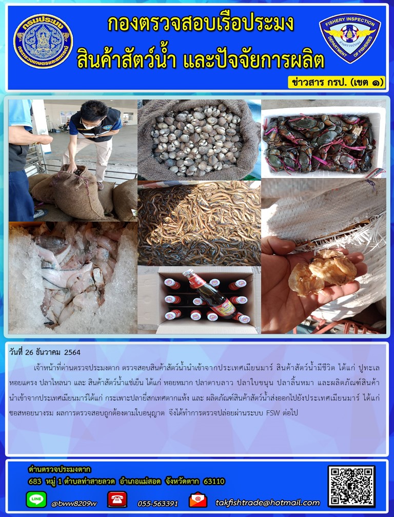 วันที่ 26 ธันวาคม 2564  	เจ้าหน้าที่ด่านตรวจประมงตาก ตรวจสอบสินค้าสัตว์น้ำนำเข้าจากประเทศเมียนมาร์ สินค้าสัตว์น้ำมีชีวิต ได้แก่ ปูทะเล หอยแครง และ สินค้าสัตว์น้ำแช่เย็น ได้แก่ หอยหมาก หมึกกล้วย ปลาดาบลาว ปลาใบขนุน ปลาลิ้นหมา และผลิตภัณฑ์สินค้านำเข้าจากประเทศเมียนมาร์ได้แก่ กระเพาะปลายี่สกเทศตากแห้ง และ ผลิตภัณฑ์สินค้าสัตว์น้ำส่งออกไปยังประเทศเมียนมาร์ ได้แก่ซอสหอยนางรม ผลการตรวจสอบถูกต้องตามใบอนุญาต จึงได้ทำการตรวจปล่อยผ่านระบบ FSW ต่อไป..คลิก