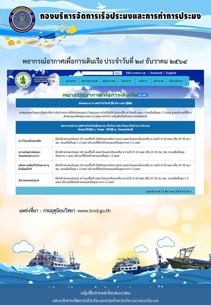 พยากรณ์อากาศเพื่อการเดินเรือ ประจำวันที่ 29 ธันวาคม 2564..คลิก