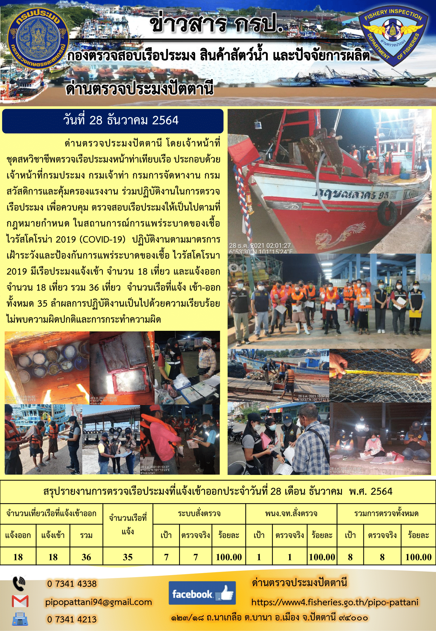 ข่าวสารการปฏิบัติงาน ด่านตรวจประมงปัตตานี 28 ธ.ค. 64..คลิก