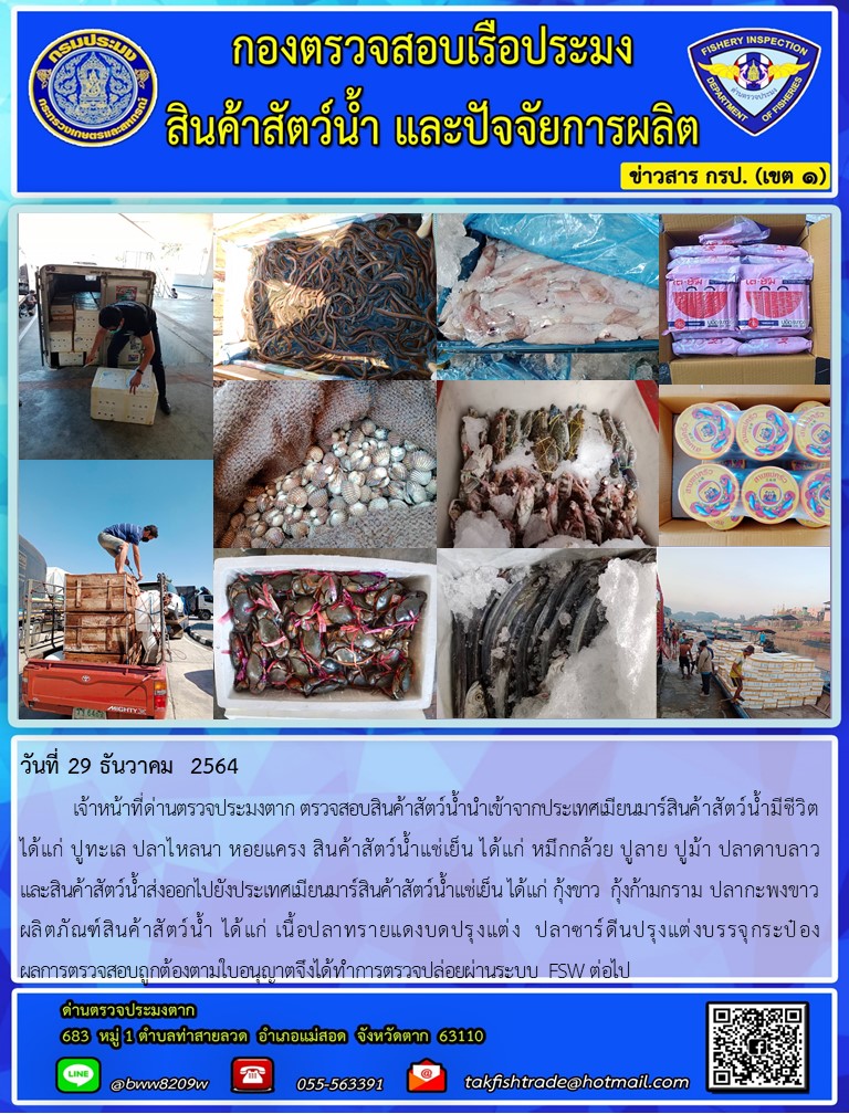 วันที่ 29 ธันวาคม  2564  	เจ้าหน้าที่ด่านตรวจประมงตาก ตรวจสอบสินค้าสัตว์น้ำนำเข้าจากประเทศเมียนมาร์สินค้าสัตว์น้ำมีชีวิต ได้แก่ ปูทะเล ปลาไหลนา หอยแครง สินค้าสัตว์น้ำแช่เย็น ได้แก่ หมึกกล้วย ปูลาย ปูม้า ปลาดาบลาว              และสินค้าสัตว์น้ำส่งออกไปยังประเทศเมียนมาร์สินค้าสัตว์น้ำแช่เย็น ได้แก่ กุ้งขาว  กุ้งก้ามกราม ปลากะพงขาว  ผลิตภัณฑ์สินค้าสัตว์น้ำ ได้แก่ เนื้อปลาทรายแดงบดปรุงแต่ง  ปลาซาร์ดีนปรุงแต่งบรรจุกระป๋อง                   ผลการตรวจสอบถูกต้องตามใบอนุญาตจึงได้ทำการตรวจปล่อยผ่านระบบ FSW ต่อไป..คลิก
