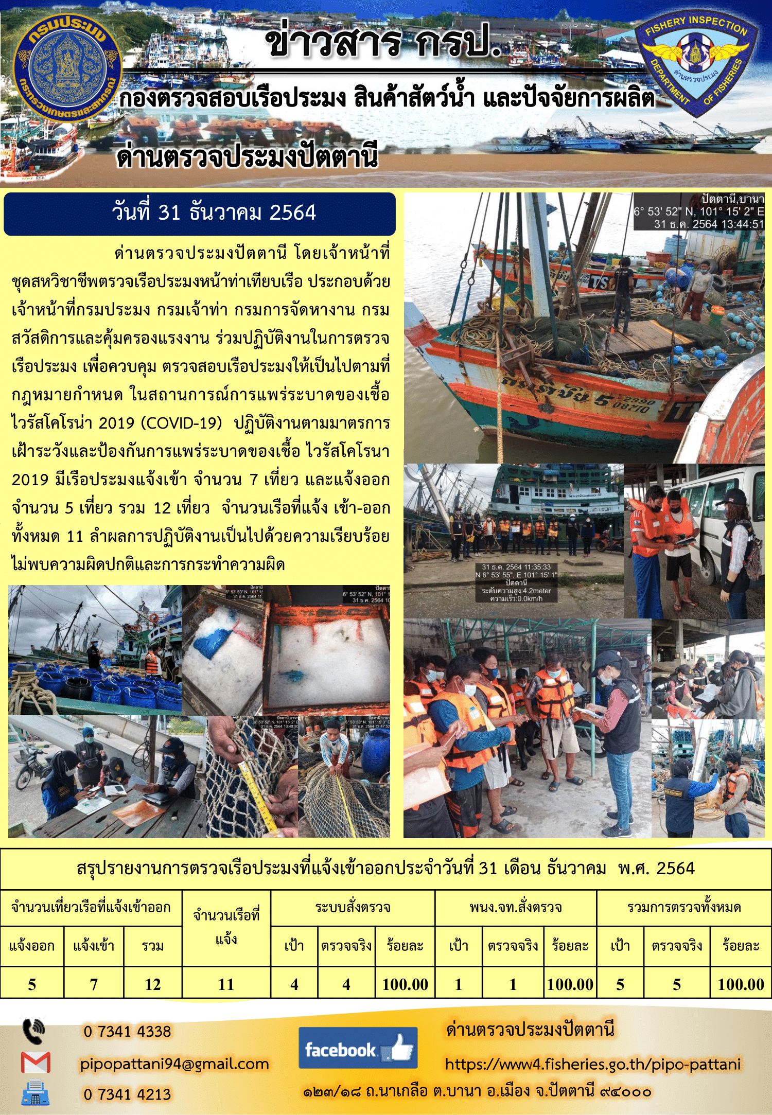 ข่าวสารการปฏิบัติงาน ด่านตรวจประมงปัตตานี 31 ธ.ค. 64..คลิก