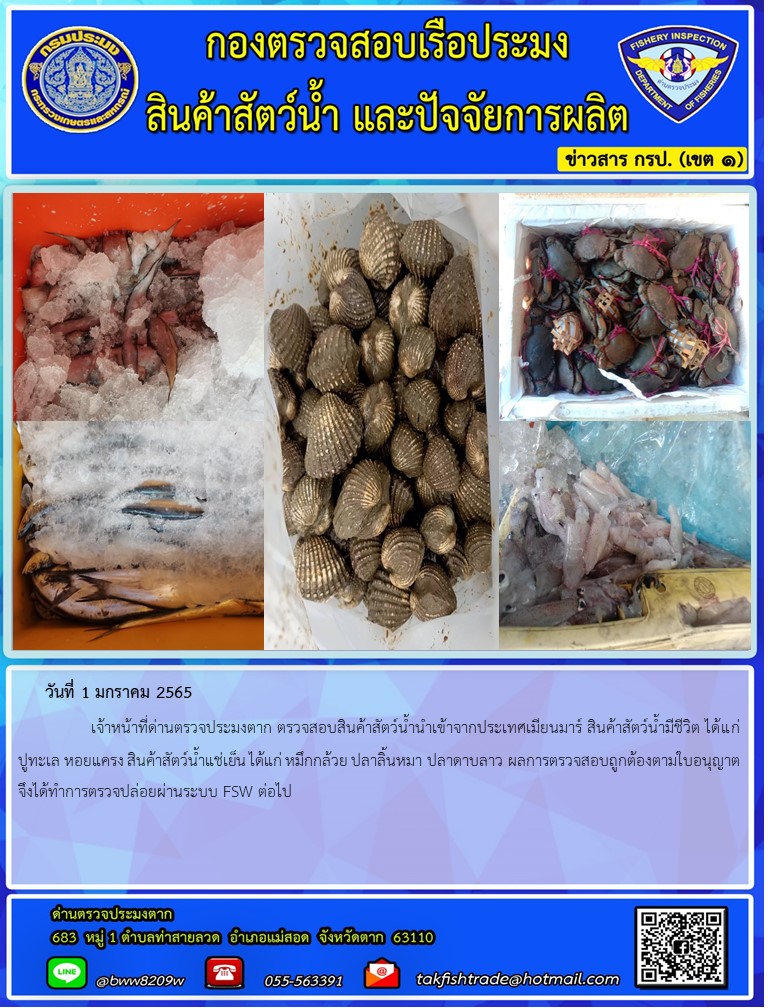 วันที่ 1 มกราคม 2565   	     เจ้าหน้าที่ด่านตรวจประมงตาก ตรวจสอบสินค้าสัตว์น้ำนำเข้าจากประเทศเมียนมาร์ สินค้าสัตว์น้ำมีชีวิต ได้แก่ ปูทะเล หอยแครง สินค้าสัตว์น้ำแช่เย็น ได้แก่ หมึกกล้วย ปลาลิ้นหมา ปลาดาบลาว ผลการตรวจสอบถูกต้องตามใบอนุญาตจึงได้ทำการตรวจปล่อยผ่านระบบ FSW ต่อไป