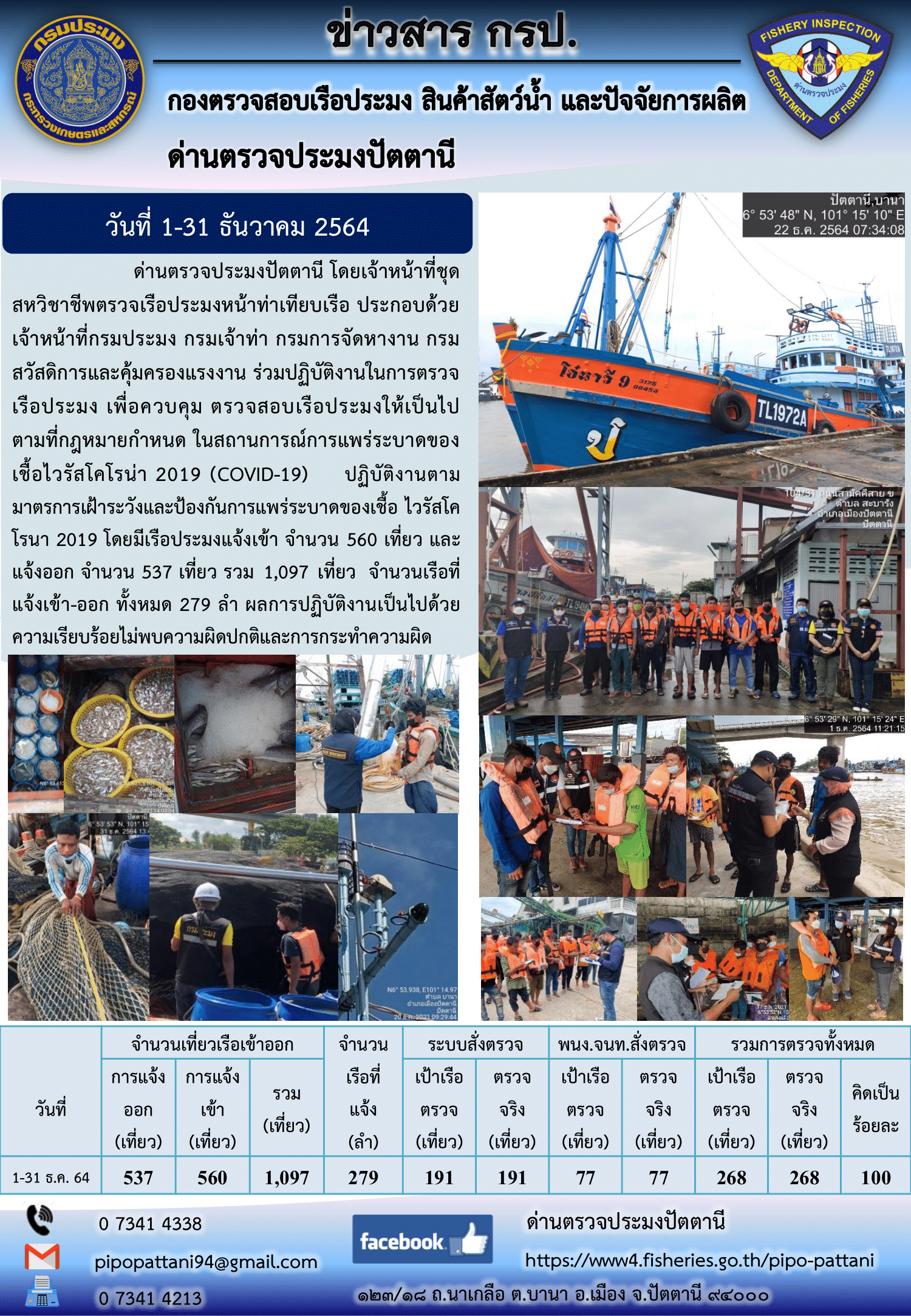 สถิติการแจ้งเรือเข้าออกเรือประมง ประจำเดือนธันวาคม 2564..คลิก