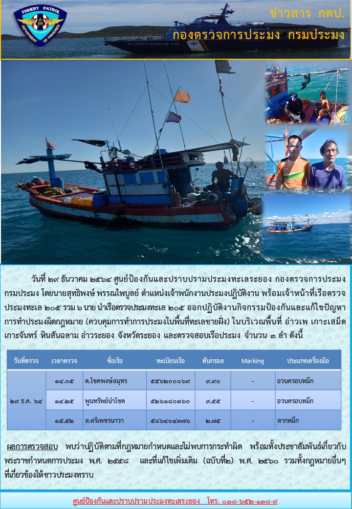 เรือตรวจประมงทะเล 205 ออกปฏิบัติงานควบคุมเฝ้าระวังการทำการประมงพื้นที่ทะเลชายฝั่ง