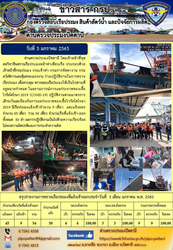 ข่าวสารการปฏิบัติงาน ด่านตรวจประมงปัตตานี 3 ม.ค. 65..คลิก