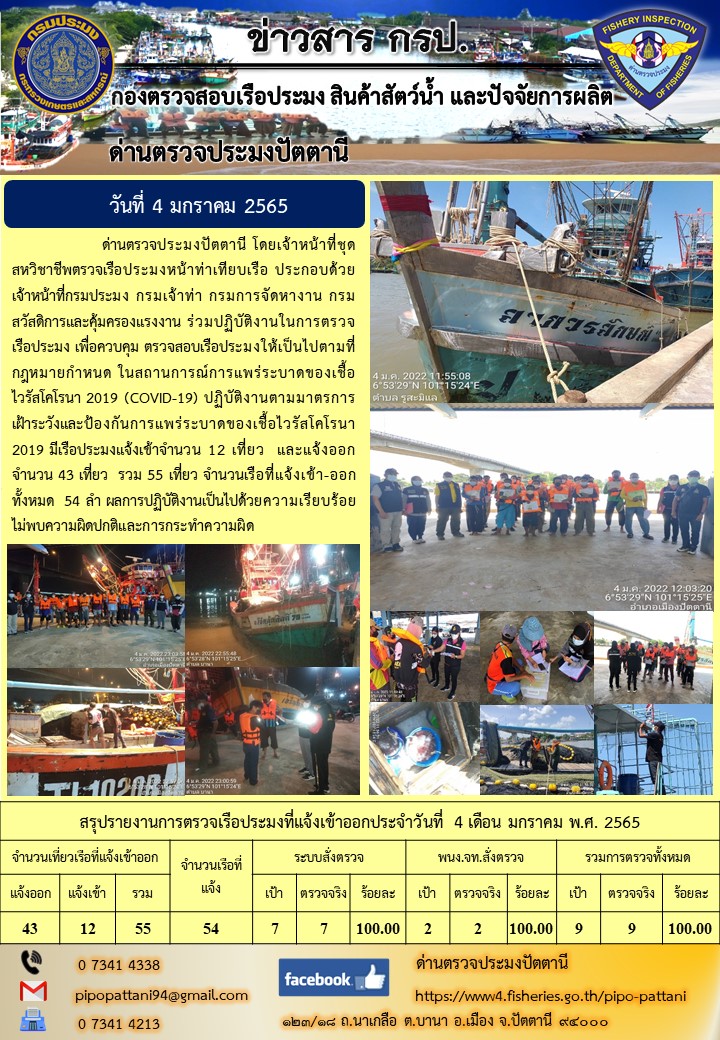 ข่าวสารการปฏิบัติงาน ด่านตรวจประมงปัตตานี 4 ม.ค. 65..คลิก