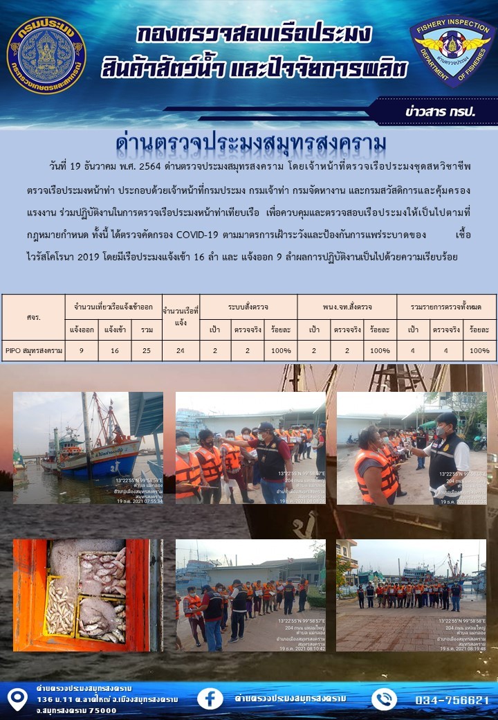 สถิติการแจ้งเข้า - ออกเรือประมงพาณิชย์ ด่านตรวจประมงสมุทรสงคราม ประจำวันที่ 19 ธันวาคม 2564..คลิก